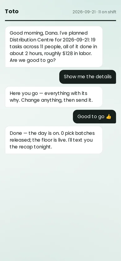 The same thread after the manager replies Good to go. Toto answers: Done, the day is on. The floor is live.