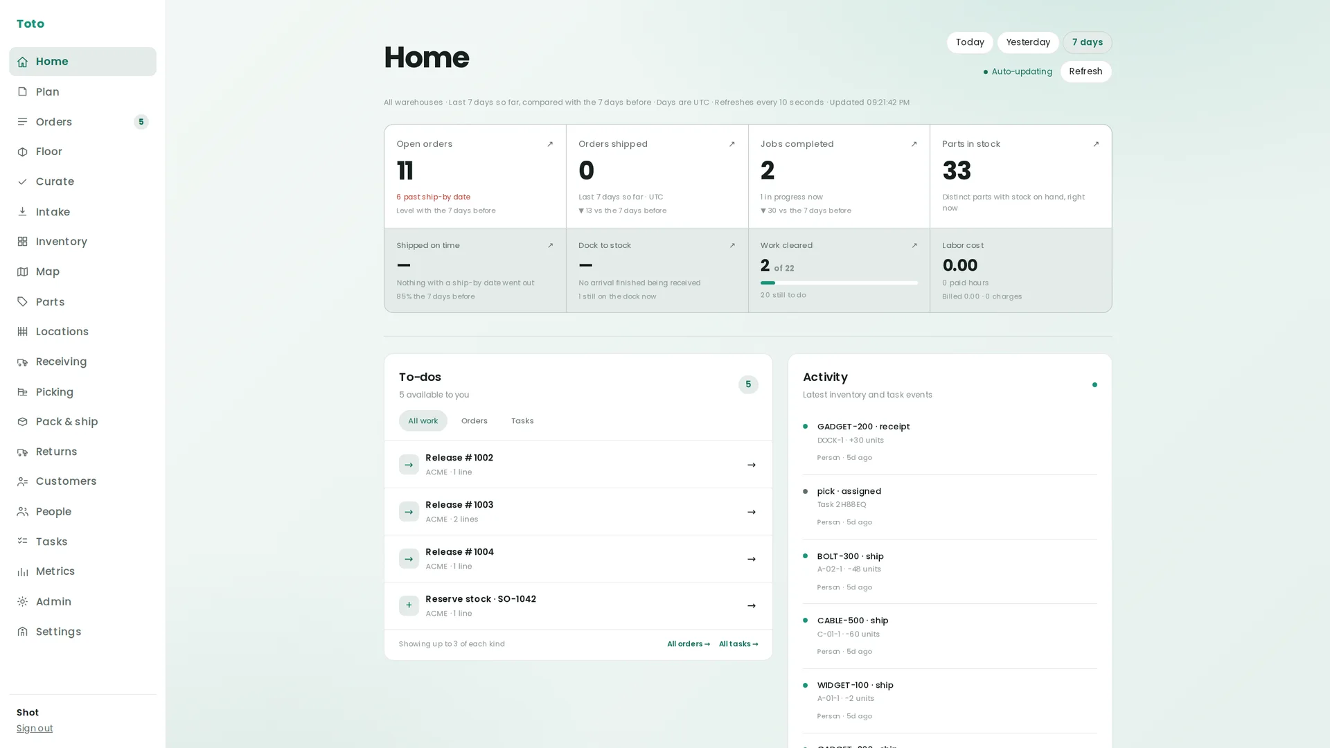 The Home screen at TV size: open orders, orders shipped, jobs completed and parts in stock across the top; shipped on time, dock to stock, work cleared and labor cost below; then to-dos and the live activity feed.
